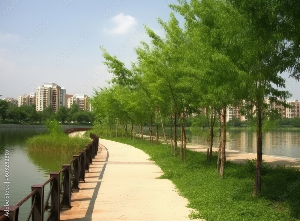 lake in the park, path along, benches and trees, spring or summer. Lovely landscape. City in the distance. created with Generative AI technology