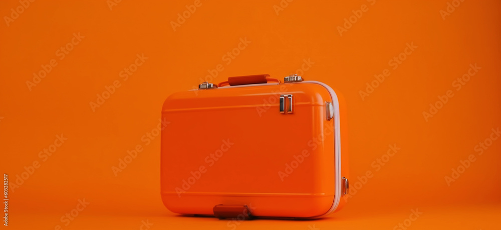 Orange travel suitcase, on orange background. Trip concept. Generative AI Orange travel suitcase, on orange background. Trip concept. Generative AI