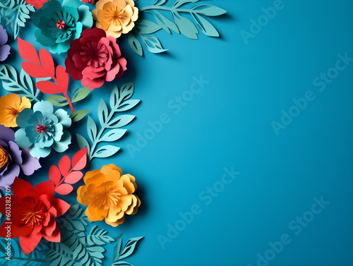 Top view of colorful paper cut flowers with green leaves on blue background with copy space. Generative AI Image. © Nilla