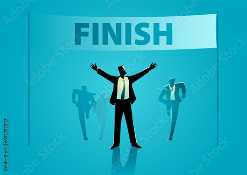 Businessman raises his hands on the finish line after winning a race