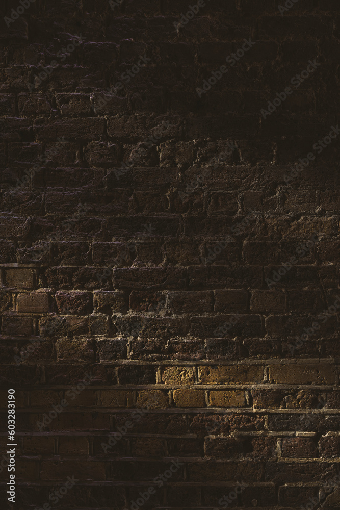 Building exterior, roughly textured brown brick wall in shade background Building exterior, roughly textured brown brick wall in shade background