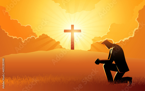 Man praying with a cross and a light burst on a hill in the background