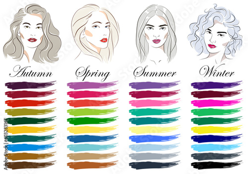 Stock vector seasonal color analysis palettes for all types of female appearance. Color guide with best colors for winter, summer, spring and autumn. Vector hand drawn young women with gray hair