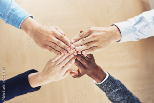 Teamwork, high five or hands of business people winning with support for faith, motivation or planning in office. Link, winners or above of employees in collaboration with hope or mission together