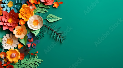 Top view of colorful paper cut flowers with green leaves on blue background with copy space. Generative AI Image.