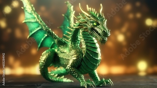 Glittering green dragon, figurine or memento against a backdrop of glare. Generative AI