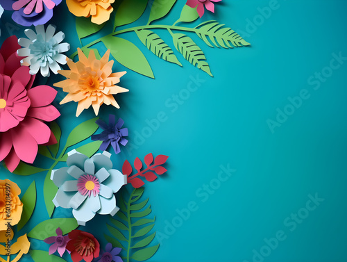 Top view of colorful paper cut flowers with green leaves on blue background with copy space. Generative AI Image.