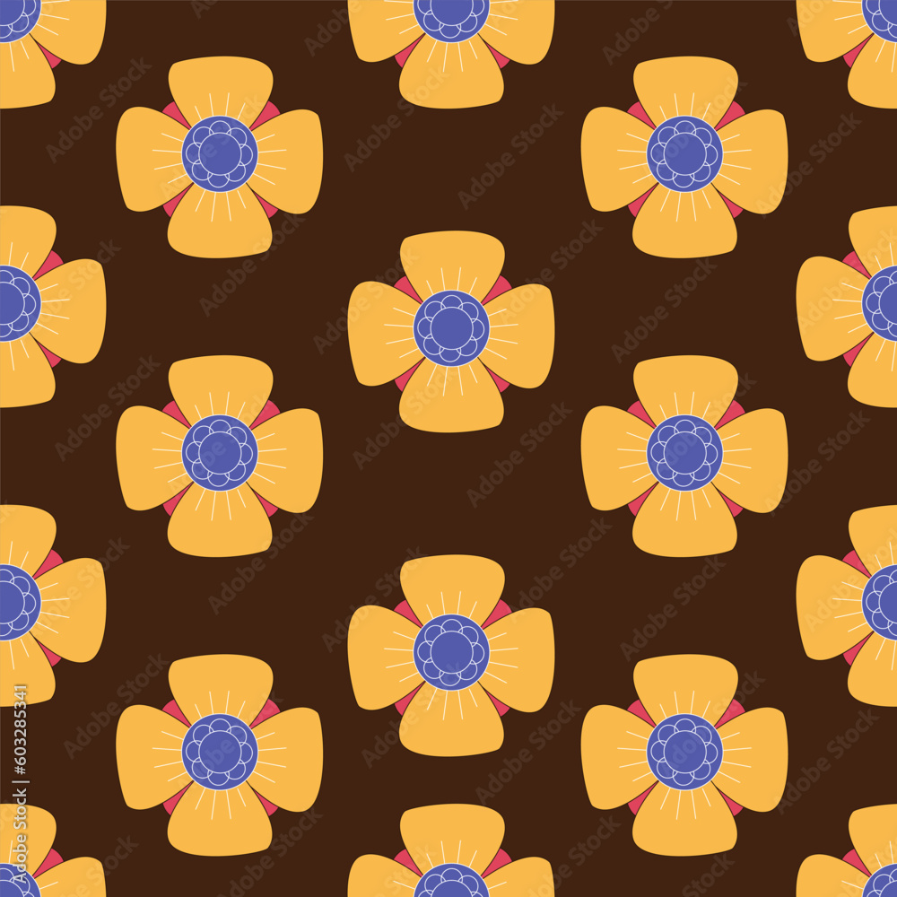 The 70s style seamless vector pattern with retro flowers on brown background.