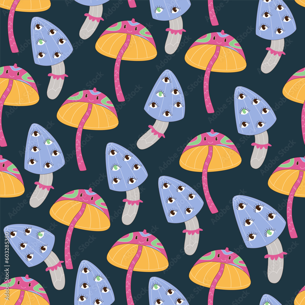 Psychedelic mushrooms with eyes cartoon flat vector seamless pattern in the 70s style.