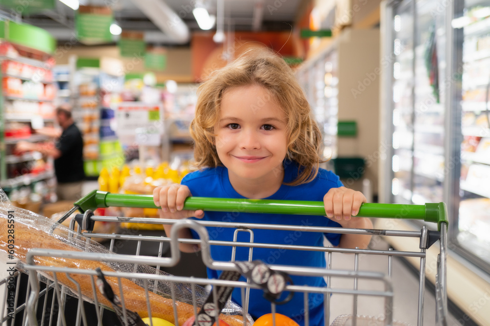 Kid with shopping cart at grocery store. Kid on shopping in supermarket. Grocery store, choosing goods. Shopping for healthy.