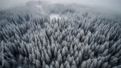 Aerial view of forest during winter 