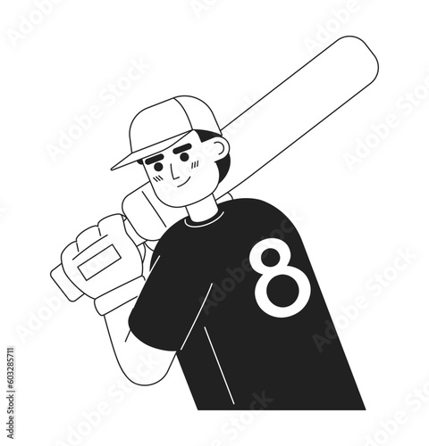 Male softball player gripping baseball bat monochromatic flat vector character. Right handed batter. Editable thin line half body person on white. Simple bw cartoon spot image for web graphic design