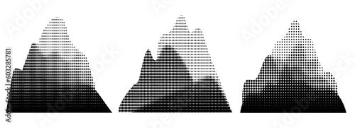 Halftone mountain with range dot grunge texture. Abstract noisy hill background. Gradient sand pattern. Retro monochrome wave vector illustration. Art dotwork. summit shape, bw grainy landscape, rock
