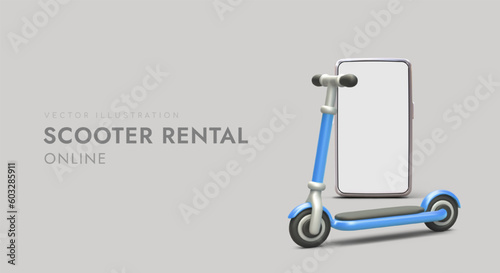 Phone application for renting scooters. Equipment for active walk. Selection of models of different colors and sizes. Scooter rental online. Advertising poster with 3D image and place for text