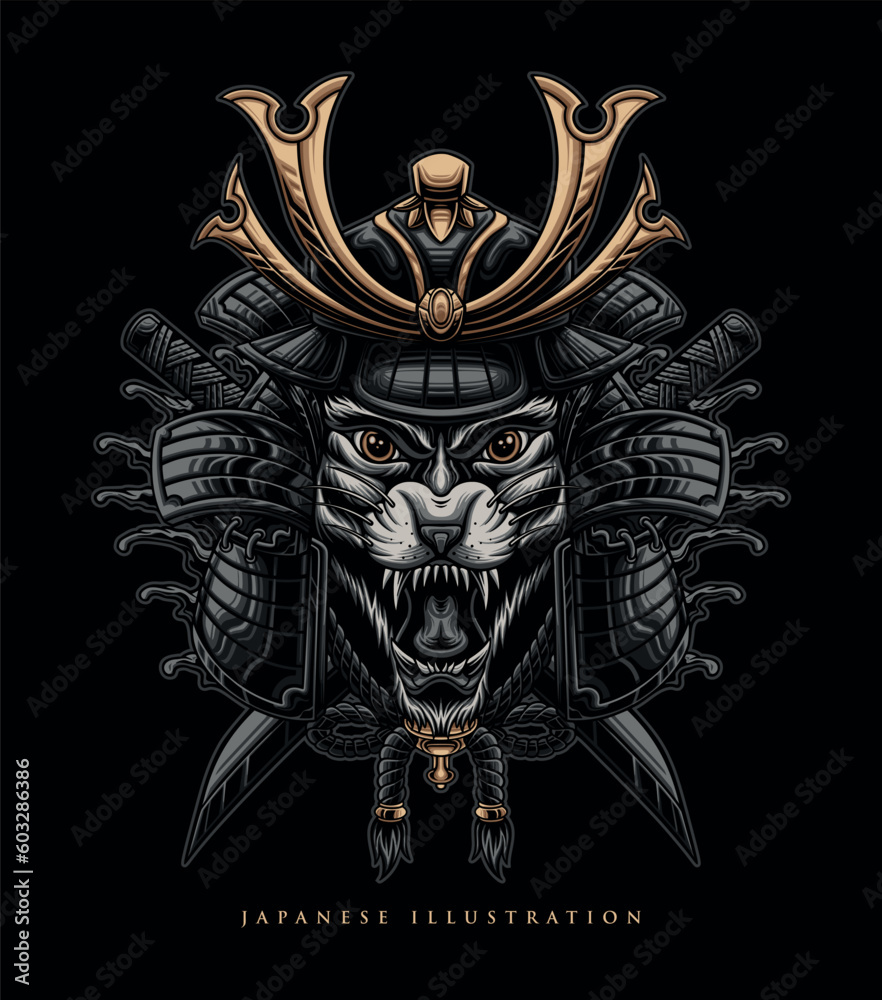 Fototapeta premium Vector of a tiger wearing a samurai helmet