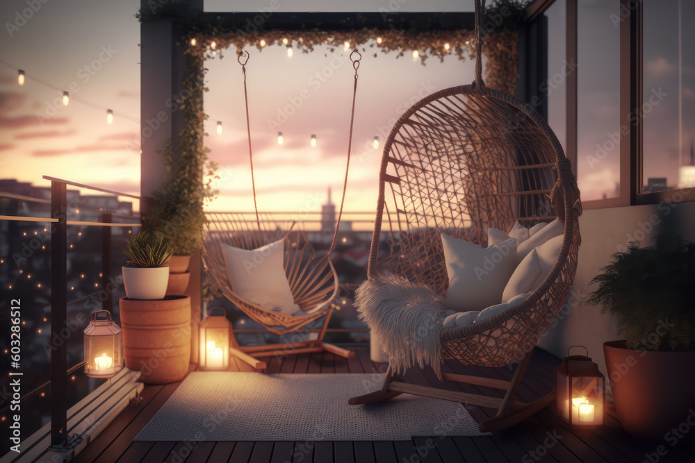 a modern of a comfortable rooftop patio area with a lounging area, a hanging chair, and string lights at sunset, generative AI
