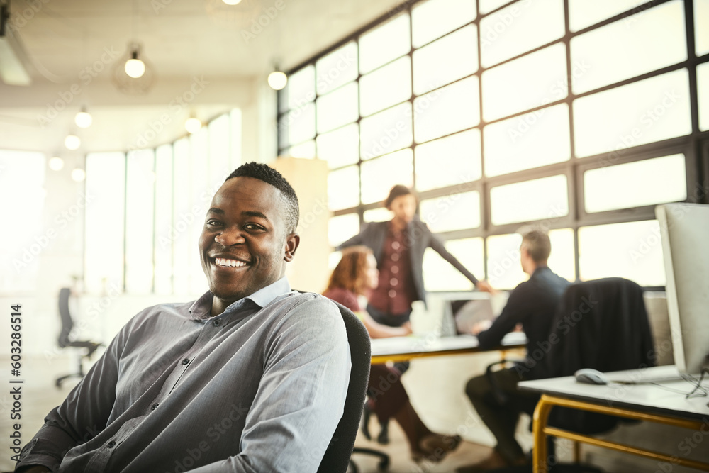 Smile, boss and portrait of black man at office, startup entrepreneur with creative ideas for business project. Leader with creativity, ideas and African businessman with pride in designer workspace. Smile, boss and portrait of black man at office, startup entrepreneur with creative ideas for business project. Leader with creativity, ideas and African businessman with pride in designer workspace.