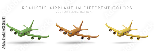 Set of realistic airplanes in different colors. Aviation at work. 3D objects in motion. Intercontinental transportation. Vector images for vivid illustration of advertising, design of web pages