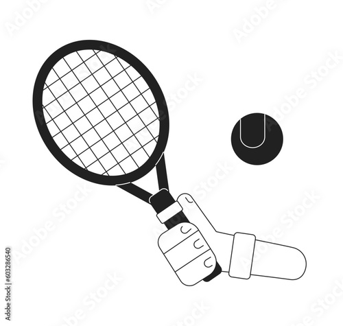 Hand with racket hitting tennis ball monochromatic flat vector first view hand. Tennis sports equipment. Editable thin line closeup pov on white. Simple bw cartoon spot image for web graphic design