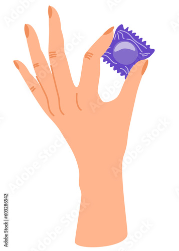 Woman hand holds a condom package. Safe sex, protection from pregnancy and HIV infection. Flat cartoon vector illustration