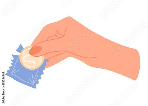 Hand holds a condom package. Safe sex, protection from pregnancy and HIV infection. Flat cartoon vector illustration