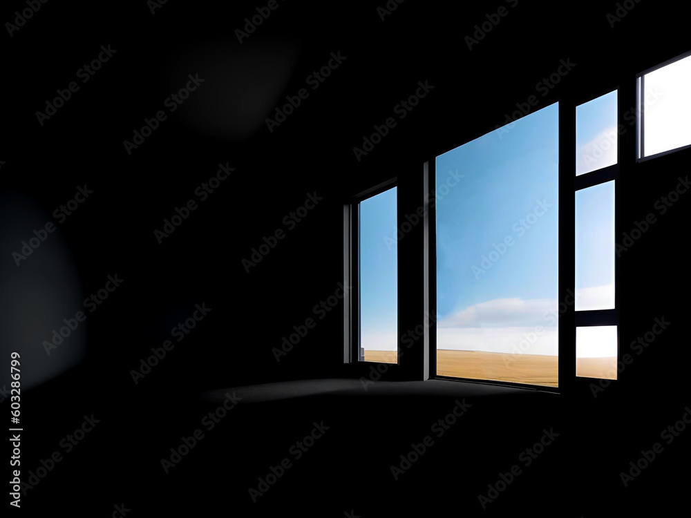 The black empty room has glass windows overlooking the sky and fields  cinematography daylight generative ai illustration art