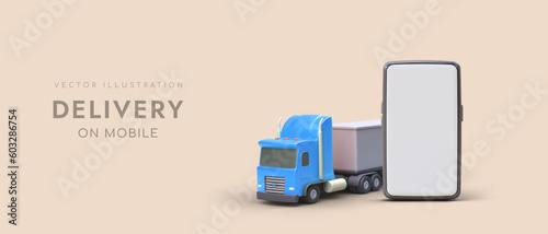 Delivery on mobile. Freight transportation to order. Online advertising of courier services. Phone application for renting truck and loaders. Modern advertising template with 3D illustration