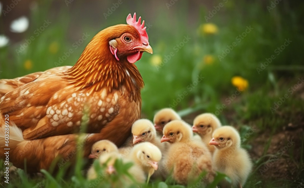 Fototapeta premium Hen and chickens in the grass. AI generated