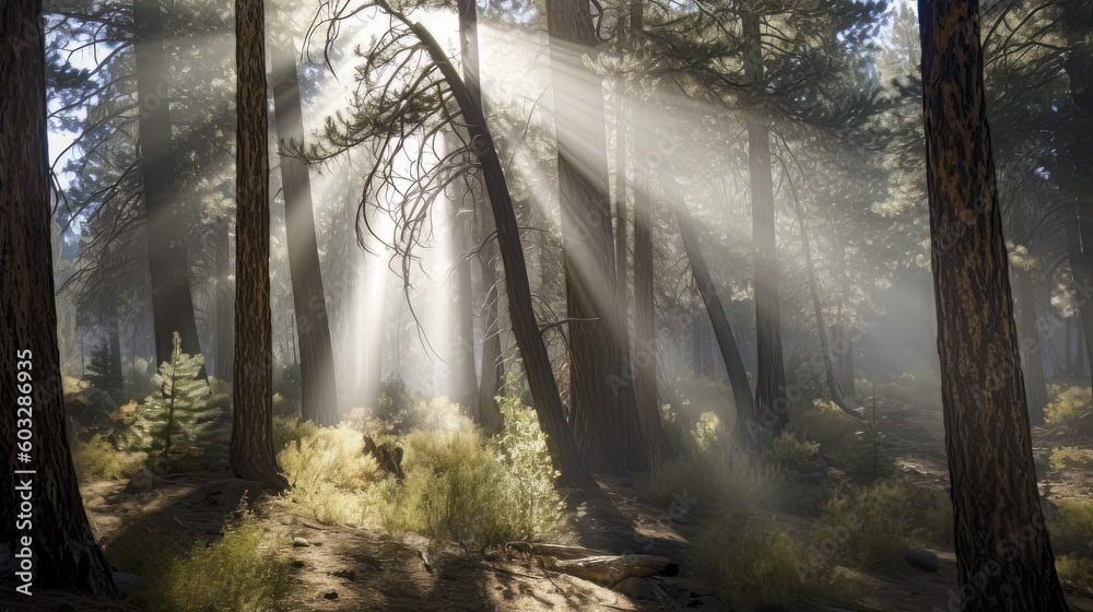 Obraz premium Sunlight streaming through trees, San Bernardino National Forest, California, USA 