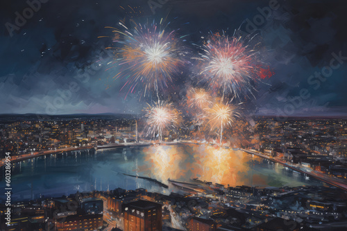 a painting of fireworks in the sky over a city at night, generative Ai