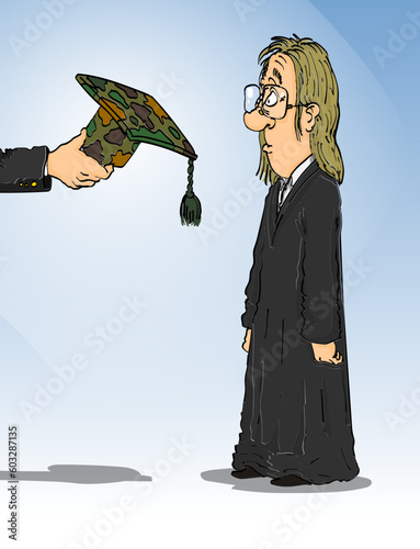 Graduate look at the camo colored  Square academic cap cartoon