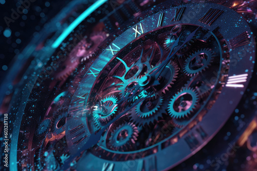 Clock and clock gears in space. Futuristic abstract background. Vibrant colors. Time and universe concept  generative AI