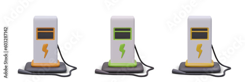 Car charging stations of different colors. Isolated 3D objects with shadows. Elements for illustrating texts, advertising materials, design of web pages, sites. Promotion of electric transport