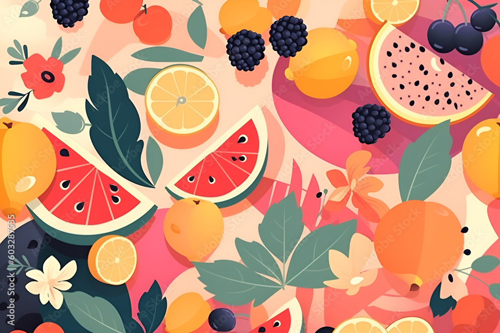Summer illustration with variety of fruits and berries in flat style design. Generative AI Summer illustration with variety of fruits and berries in flat style design. Generative AI