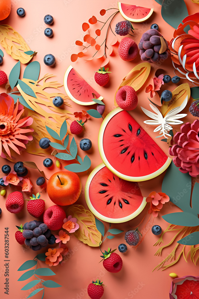 Illustration with summer fruits, watermelon and variety of berries in paper cut style. Generative AI