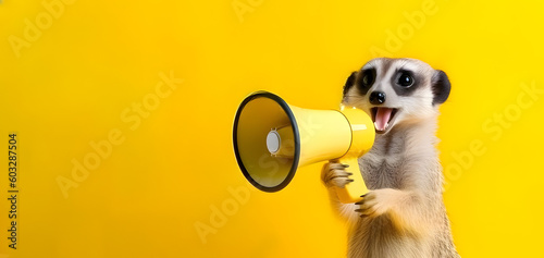 Meerkat announcing using hand speaker. Notifying, warning, announcement. AI generated