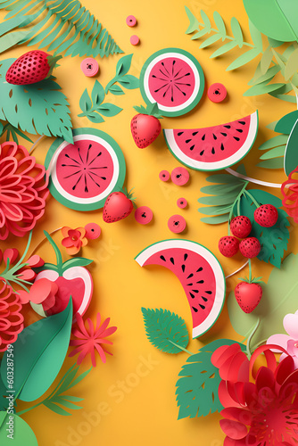 Bright illustration with summer fruits and berries in paper cut style on orange background. Generative AI
