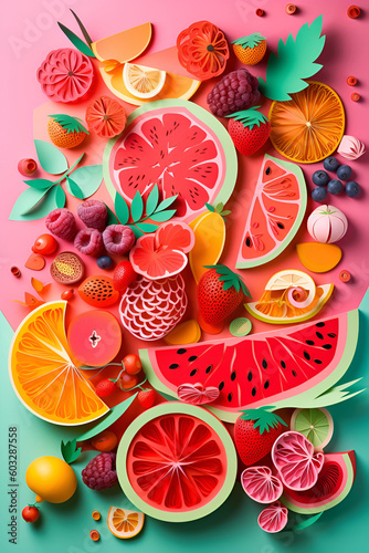 Vertical illustration with summer fruits and berries in paper cut style on the colorful background. Generative AI