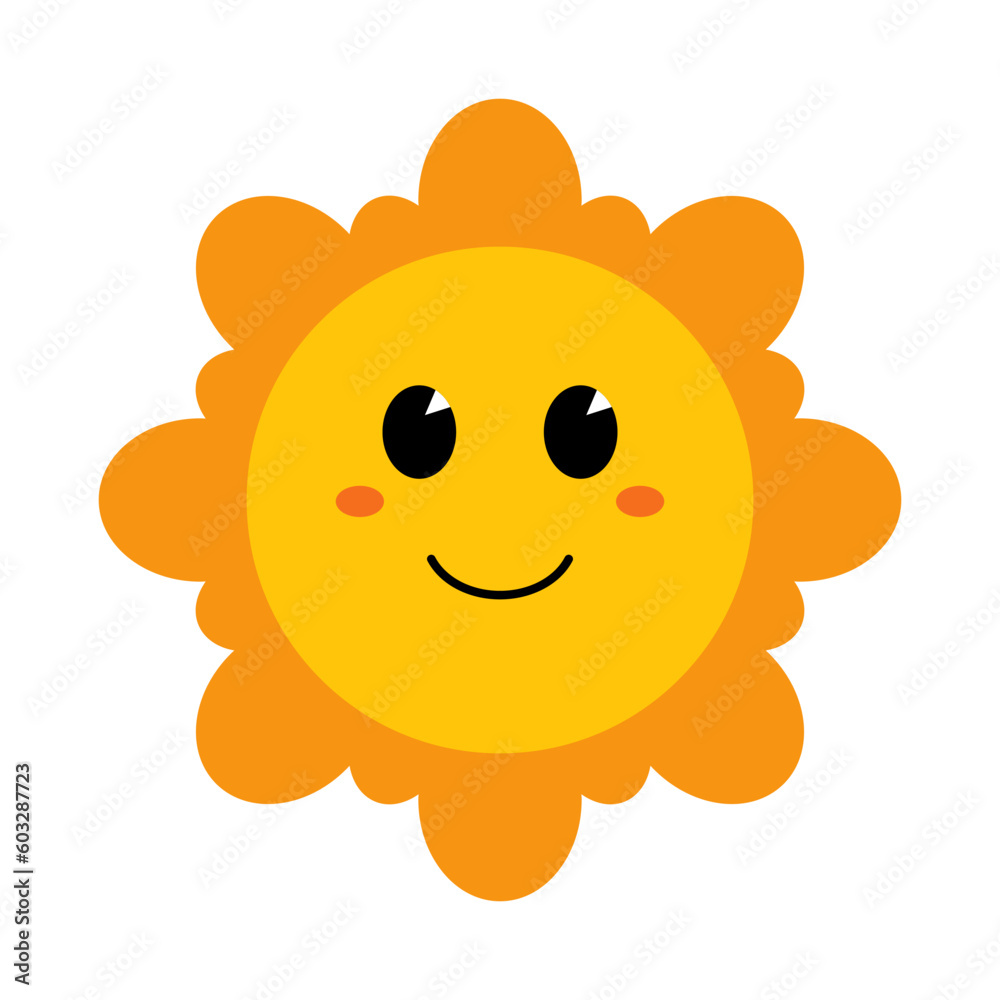 Vector smiling sun or flower in flat design. Funny sun with face. Childish cute sunshine emoji. Simple kawaii flower or sun. Baby sunshine with blush.