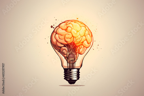 Brain in form of burning light bulb. Concept of active brains function or operating. Generative AI