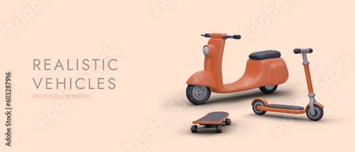 Realistic personal vehicles. 3D vector image with shadows. Horizontal poster on colored background. Illustration in multiplicative style. Advertising of modern vehicles for adults and children