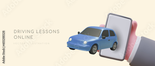 Phone application for learning traffic rules. All traffic signs in phone. 3D smartphone, car. Passenger transportation driver training. Advertising poster for online education