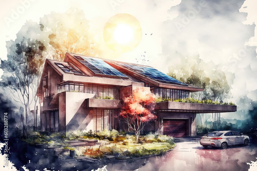 solar panel on roof of house, aquarelle style, ai generated