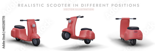 Realistic red scooter in different positions. 3D moped, front, side, rear view. Figure of vehicle in air. Motorbike is standing and in hurry. Plasticine cartoon style image with shadow