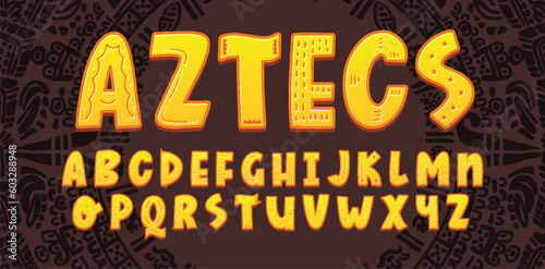 Mexican font of vector alphabet letters and numbers. Mexico ethnic type of uppercase characters, digits and punctuation marks, decorated with marigold flowers and Latin American folk patterns photo