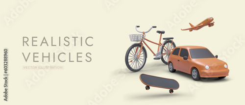3D vehicles for traveling over different distances. Ground and air models of machines. Personal and public vehicles. Tours and trips of various types. Template for travel agency, car, bicycle rental