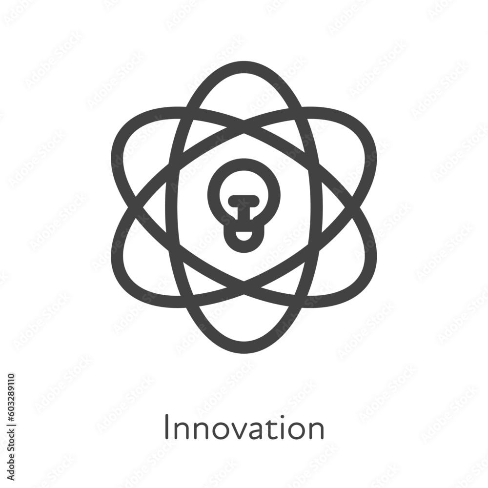 Outline style ui icons soft skill for business collection. Vector black linear illustration. Innovation. Lightbulb in center of atom techology symbol isolated on white. Design for corporate training Outline style ui icons soft skill for business collection. Vector black linear illustration. Innovation. Lightbulb in center of atom techology symbol isolated on white. Design for corporate training