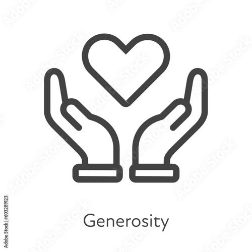 Outline style ui icons soft skill for business collection. Vector black linear illustration. Generosity. Couple of hand hold heart shape charity symbol isolated on white. Design for corporate training