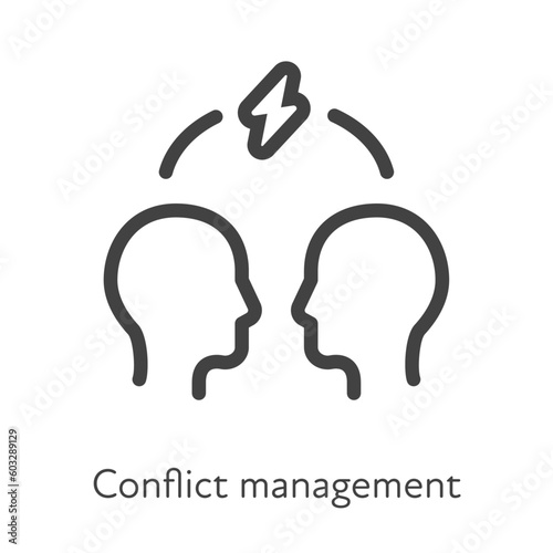 Outline style ui icons soft skill for business collection. Vector black linear illustration. Conflict management. Couple of human head with lightming conflict symbol. Design for corporate training