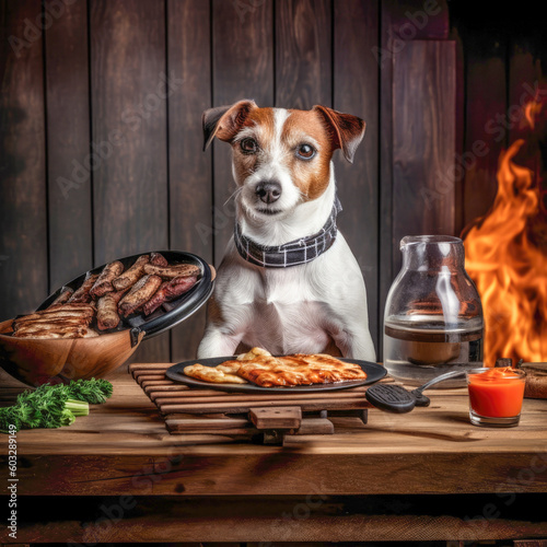 Hund sitzend vorm Grill mit Grillgut